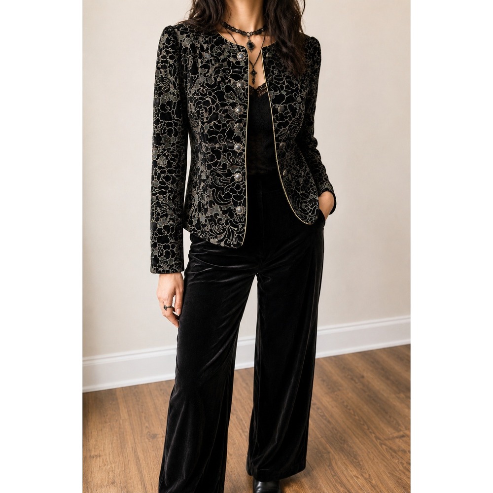 VTG 90s Velvet Dark Floral Blazer Women 10P Whimsigoth Metallic Evening Jacket
